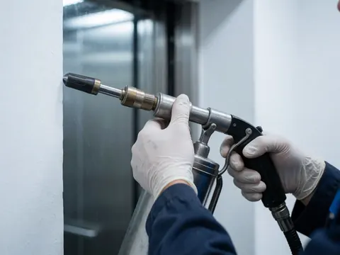 Close-up of a gloved hand applying lubricant to a metal rail during industrial elevator maintenance with a blurred background