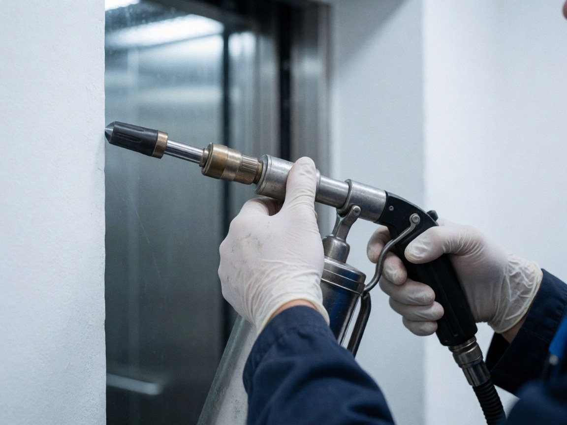 Close-up of a gloved hand applying lubricant to a metal rail during industrial elevator maintenance with a blurred background
