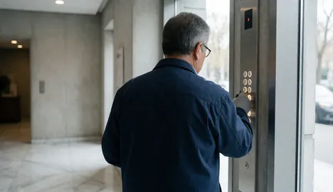 Back view of an elevator repair technician in a dark blue uniform checking illuminated buttons on a metal panel in a marble lobby.