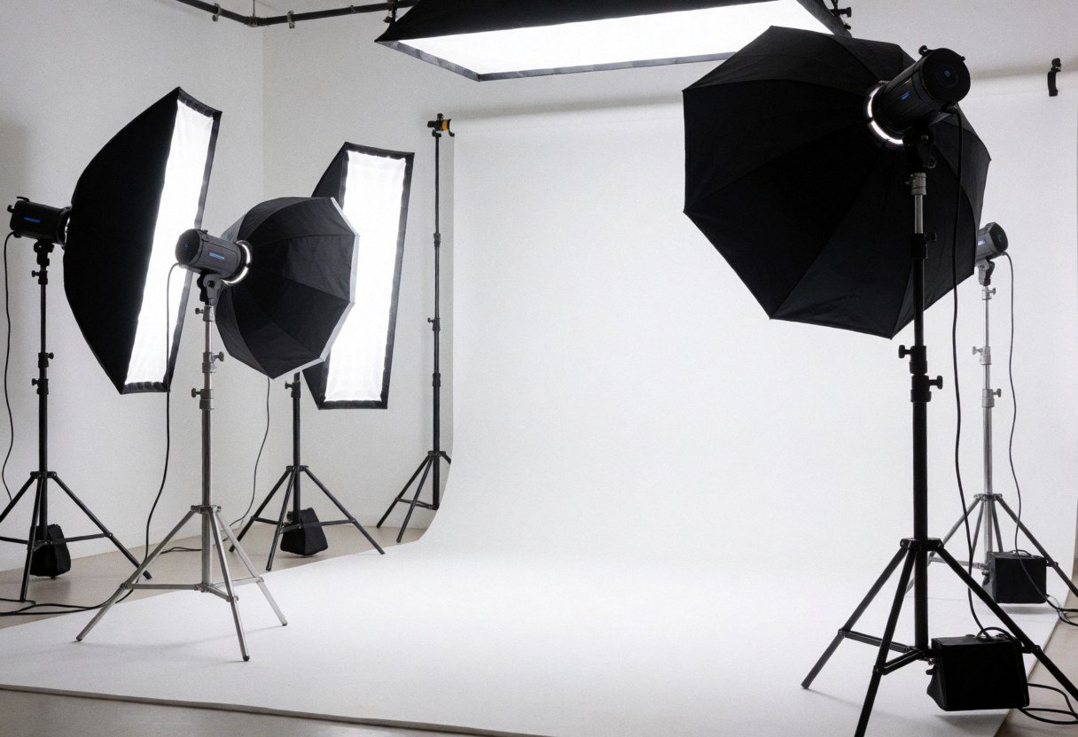 Professional video studio featuring a white curved cyclorama wall, softboxes, black umbrellas, and a tripod ready for production.