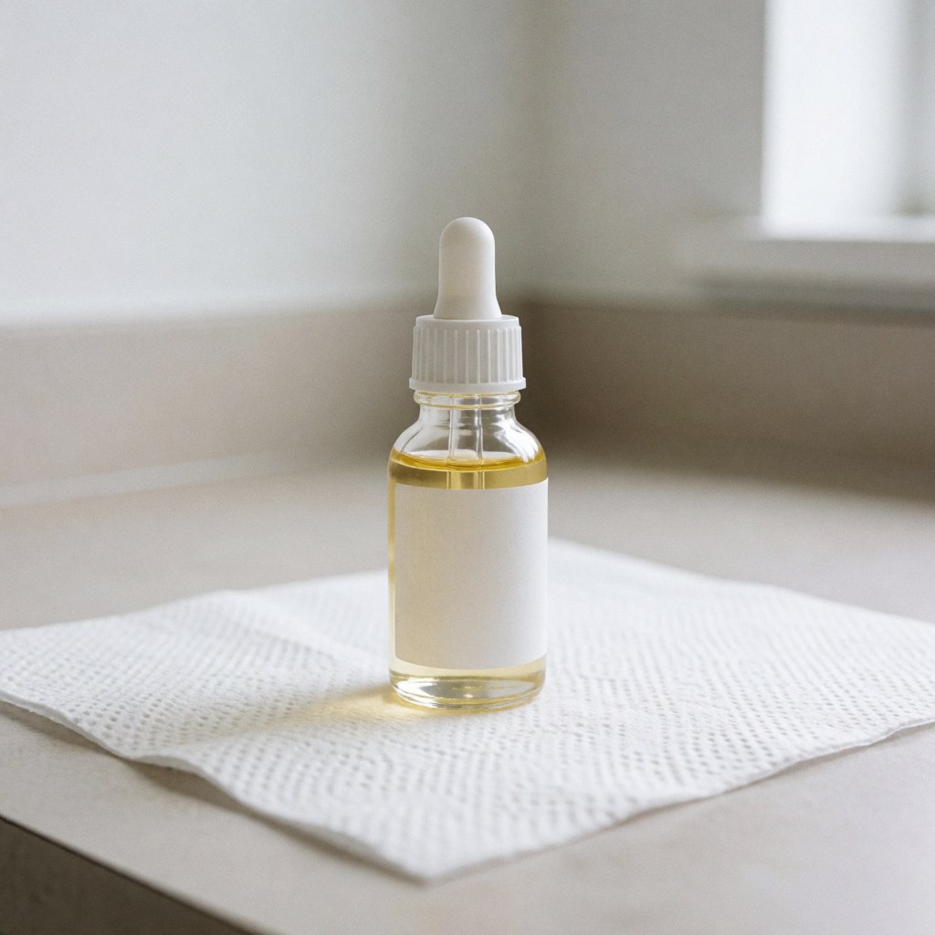 30 ml mandelic acid bottle with dropper on white toilet paper on a clinical surface with soft natural light