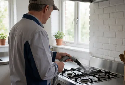 Repair technician using a vacuum cleaner to clean the chimney of a gas stove in a kitchen with white brick walls and natural light.