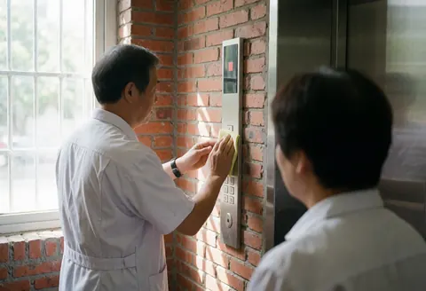 A technician in a white uniform wipes the wall-mounted elevator control panel with a cloth against a red brick background.