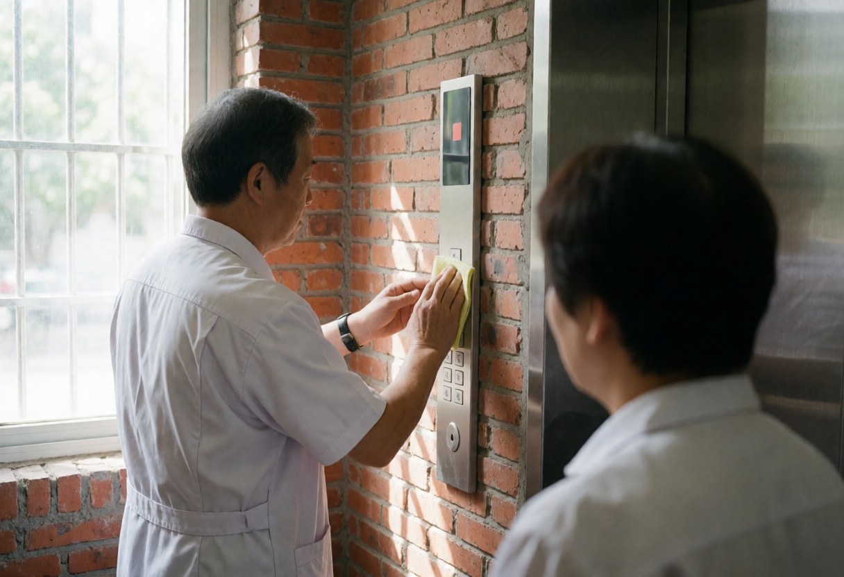 A technician in a white uniform wipes the wall-mounted elevator control panel with a cloth against a red brick background.