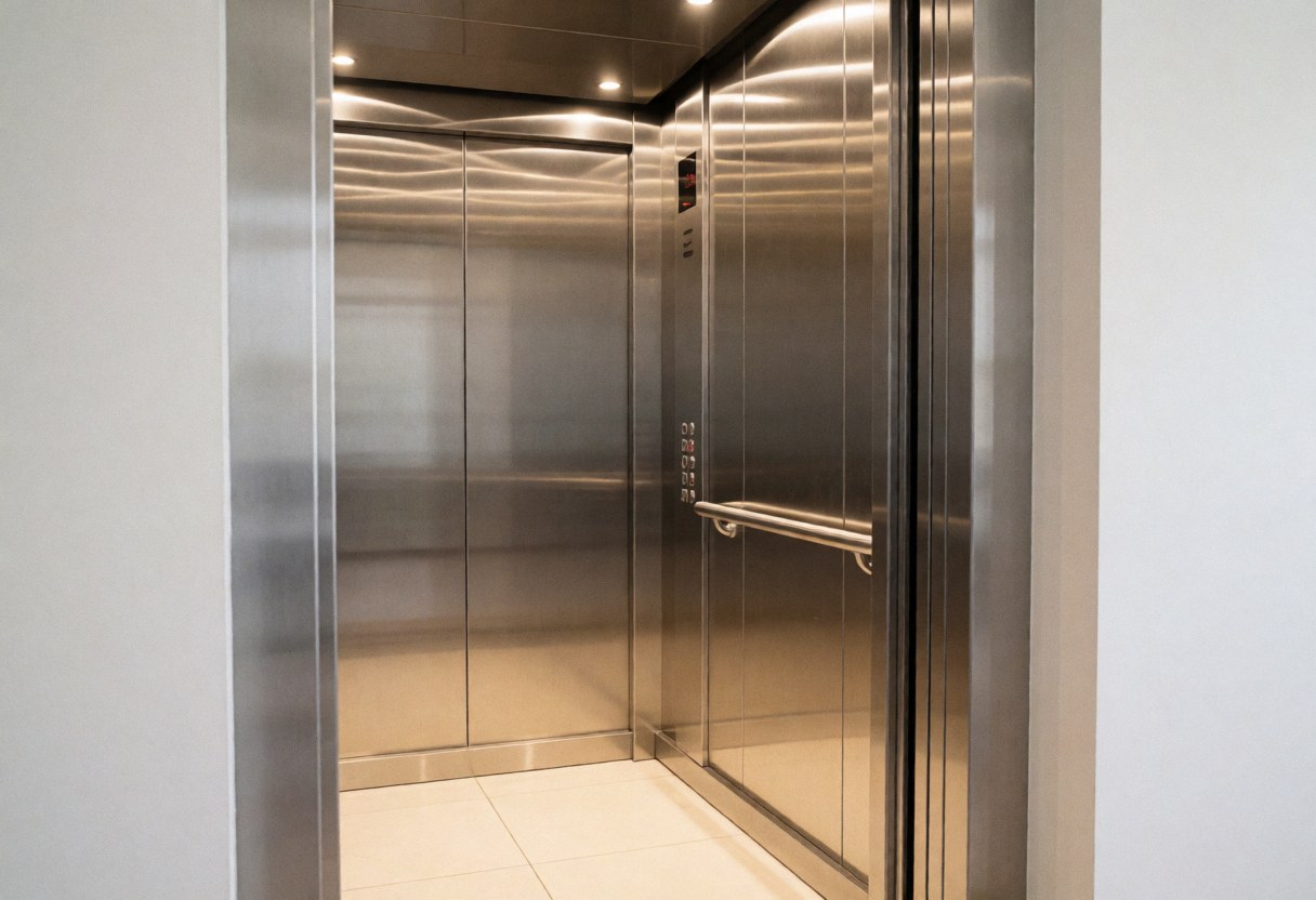 Clean modern elevator interior featuring stainless steel walls, a metal handrail, white tiled floor, and warm LED lighting, with no people present.