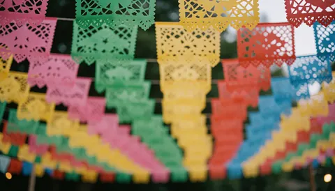 Vibrant pink, green, yellow, and red papel picado banner background ideal for promotional text and event decorations