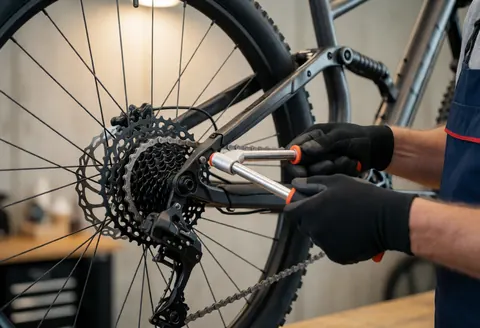Mechanic wearing black gloves uses a precision tool to adjust a bicycle chain in a workshop with warm lighting and a blurred background