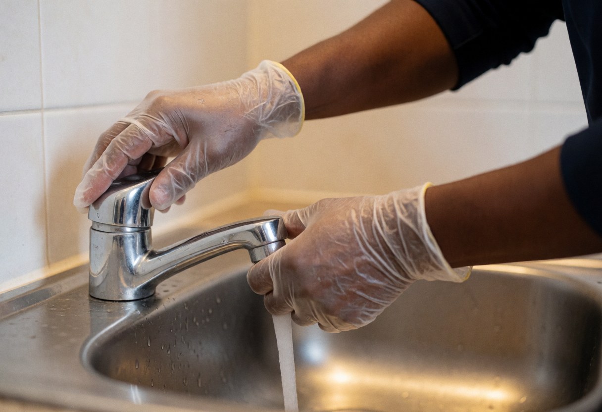 Gloved hand adjusting a bathroom faucet with water flowing, clean metal surface, blurred white tile background