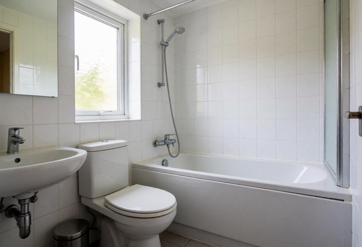 Bright residential bathroom featuring a white toilet, sink, and bathtub near a window, suitable for plumbing services