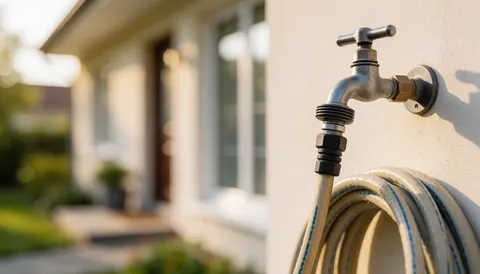 Wall-mounted outdoor faucet with a coiled garden hose, blurred house background, warm lighting, suitable for plumbing text overlays