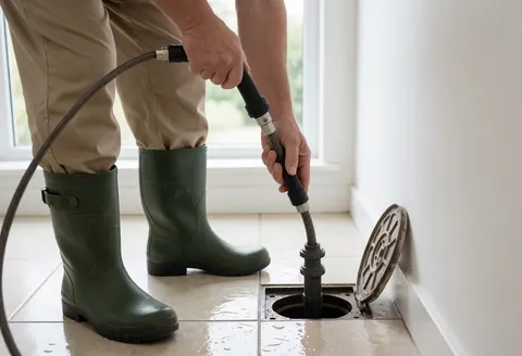 Plumber in beige uniform and green boots inserting a drain snake into a floor drain near a window with natural light