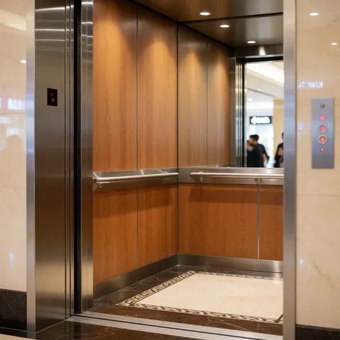 Interior view of a modern elevator featuring wood paneling, polished marble flooring, and metal railings, suitable for commercial repair services.