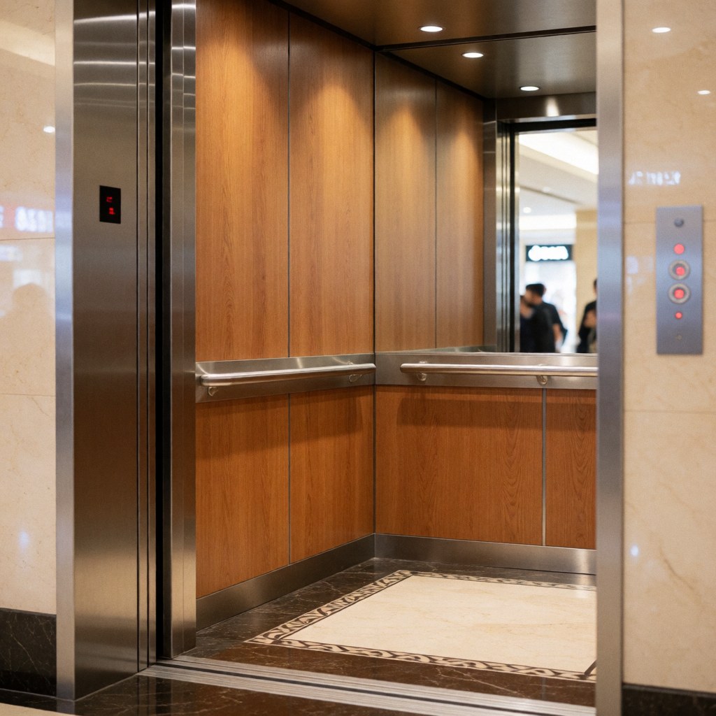 Interior view of a modern elevator featuring wood paneling, polished marble flooring, and metal railings, suitable for commercial repair services.