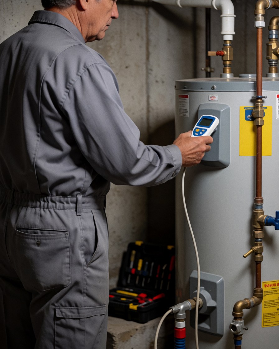 Plumber in gray uniform checks water heater temperature with a digital thermometer in a basement with concrete walls and tools nearby