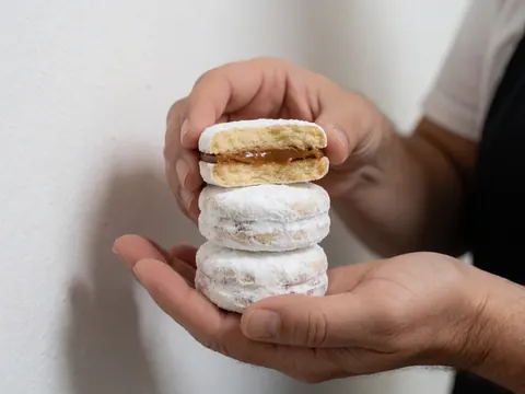 Hands displaying a stack of powdered sugar alfajores with one broken open to reveal the dulce de leche filling against a white background