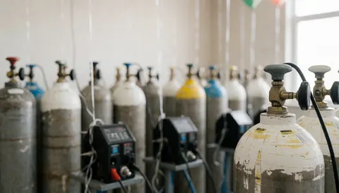 Blurred industrial background featuring helium tanks and inflation equipment, providing a textured metallic surface ideal for overlaying advertising text.