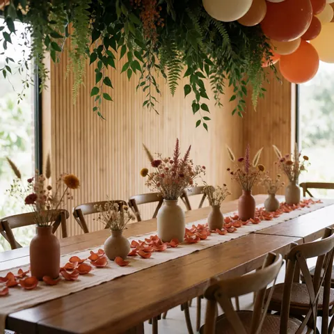 Long wooden table adorned with a petal runner, vases of dried flowers, and hanging orange balloons amidst green foliage.