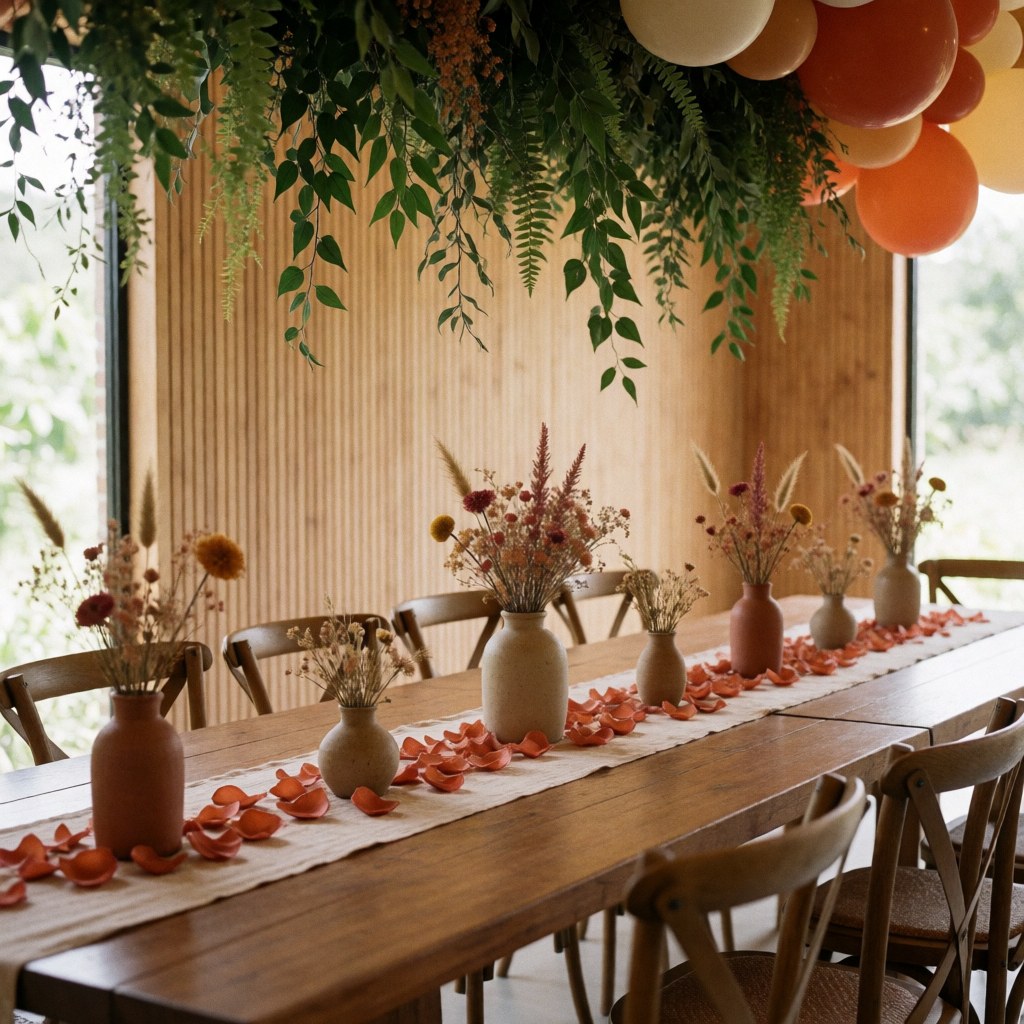 Long wooden table adorned with a petal runner, vases of dried flowers, and hanging orange balloons amidst green foliage.