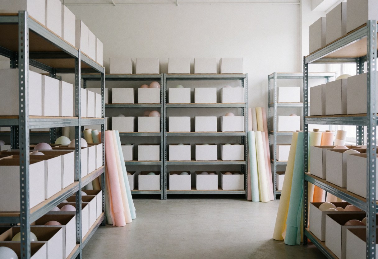 Organized event storage space featuring metal shelves, white boxes, and pastel crepe paper rolls illuminated by natural light