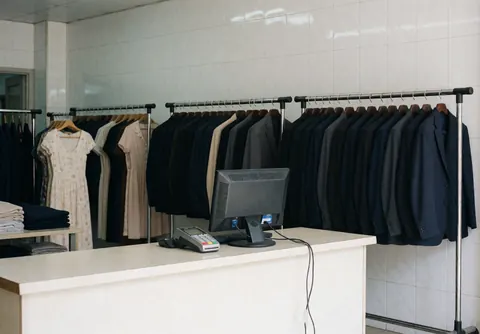 Reception counter featuring a computer and payment terminal, with suit racks and dresses in the background against white tiled walls and natural lighting