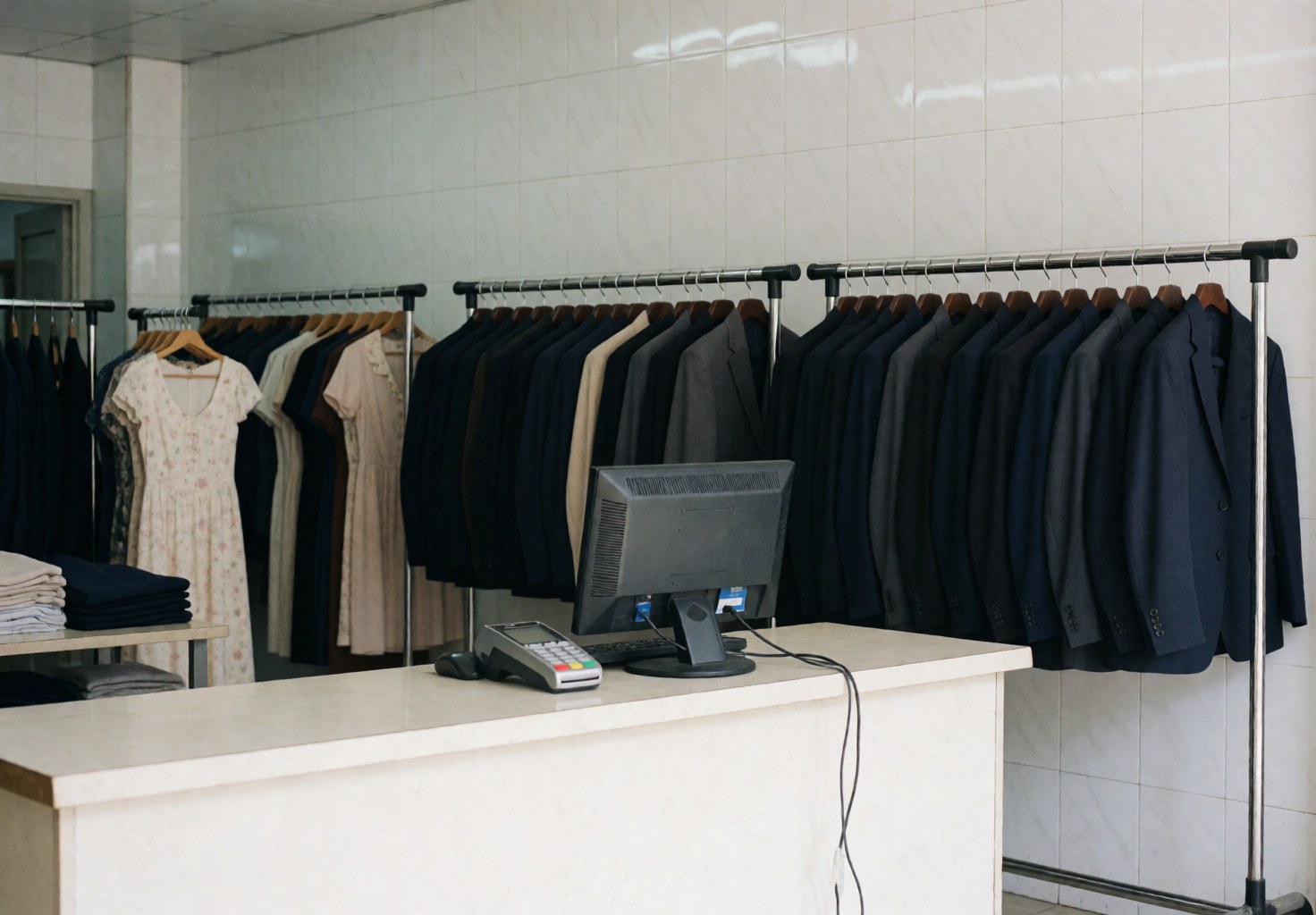 Reception counter featuring a computer and payment terminal, with suit racks and dresses in the background against white tiled walls and natural lighting