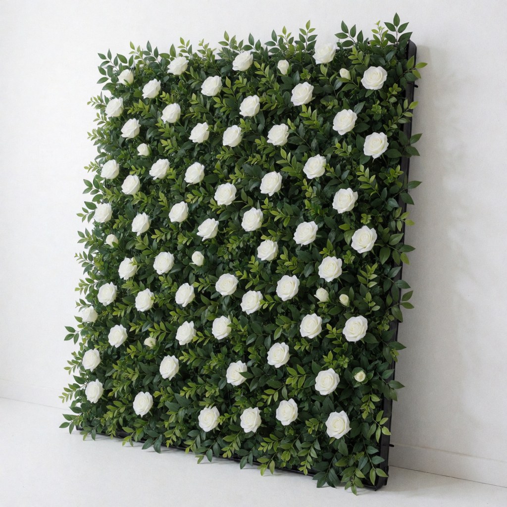 Modular decorative panel featuring white roses and green foliage, mounted on a white wall, angled view for event backgrounds and decor