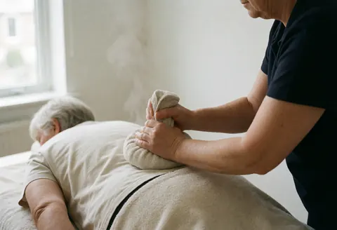Therapist using hot compression on a client's back with visible steam, white wall, natural light, hands in action, calm atmosphere