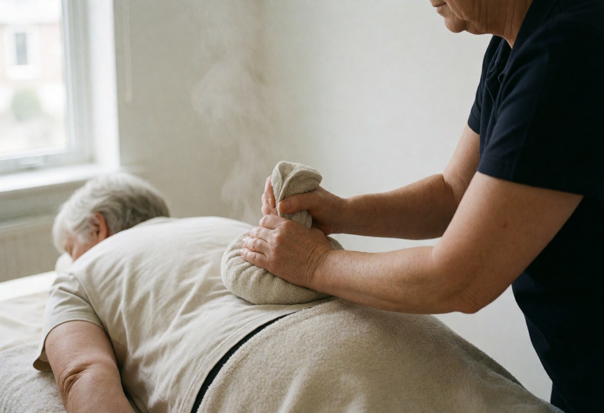 Therapist using hot compression on a client's back with visible steam, white wall, natural light, hands in action, calm atmosphere