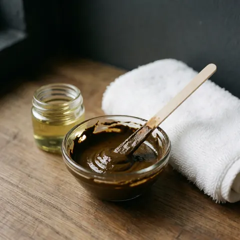 Small glass cup containing natural henna for eyebrows with a wooden applicator, placed next to an oil bottle and a white towel on a wooden table