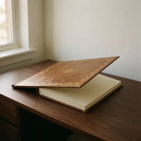 Open brown leather graduation photo album with gold details resting on a dark wooden table near a window with natural light