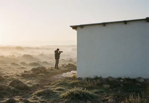 Professional photographer with camera on rocky foggy terrain near white wall capturing dawn landscape