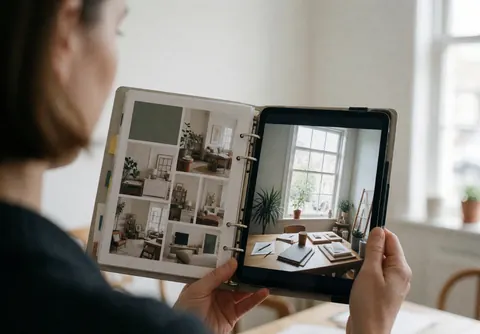 Wedding planner reviews wedding design on a digital tablet next to a mood board near a window with natural light