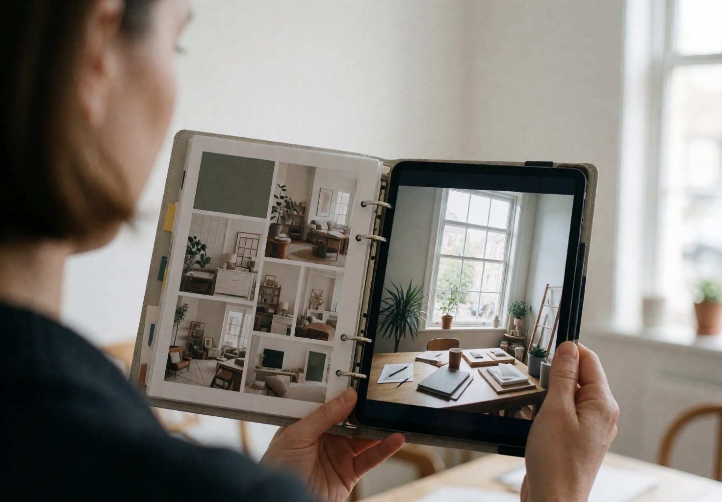 Wedding planner reviews wedding design on a digital tablet next to a mood board near a window with natural light