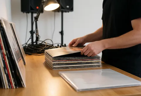 Professional DJ placing vinyl records into protective sleeves on a wooden table with blurred lights and speakers in the background
