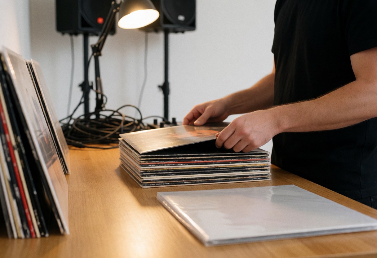 Professional DJ placing vinyl records into protective sleeves on a wooden table with blurred lights and speakers in the background