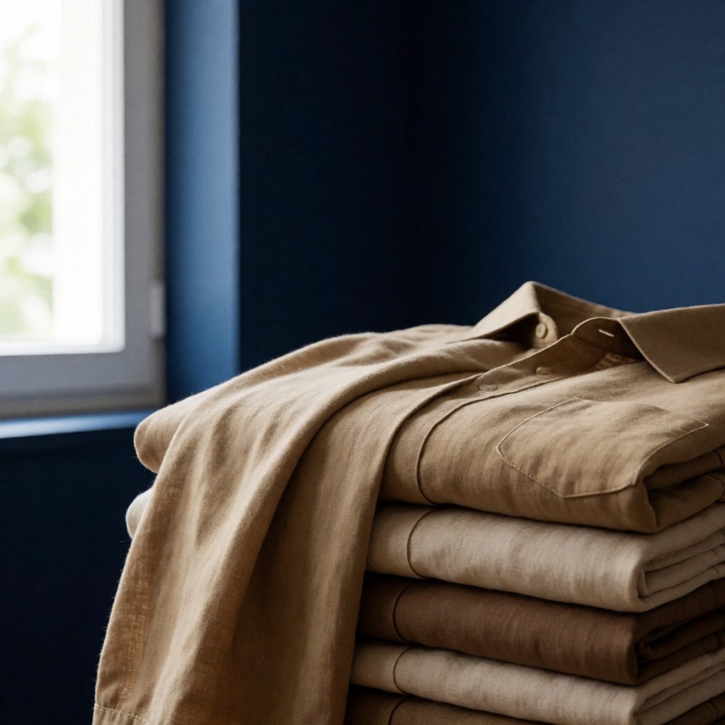 A pile of earth-toned repaired linen shirts with one unfolded to show soft texture, lit by natural window light against a navy blue wall