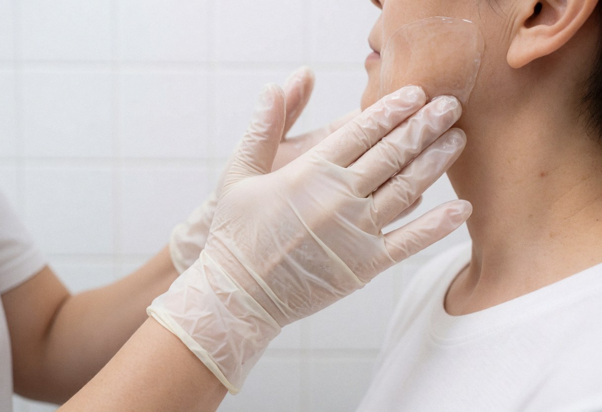 A gloved hand applies therapeutic gel to a client's chin area against a white tiled background.