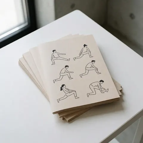 White table displaying deep tissue massage pamphlets featuring linear stretching illustrations in a clean clinical setting with natural light