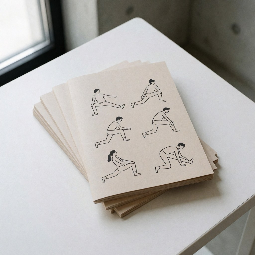 White table displaying deep tissue massage pamphlets featuring linear stretching illustrations in a clean clinical setting with natural light