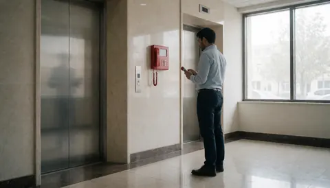 Elevator repair technician checking a red intercom device in an empty lobby with polished floors and large windows.