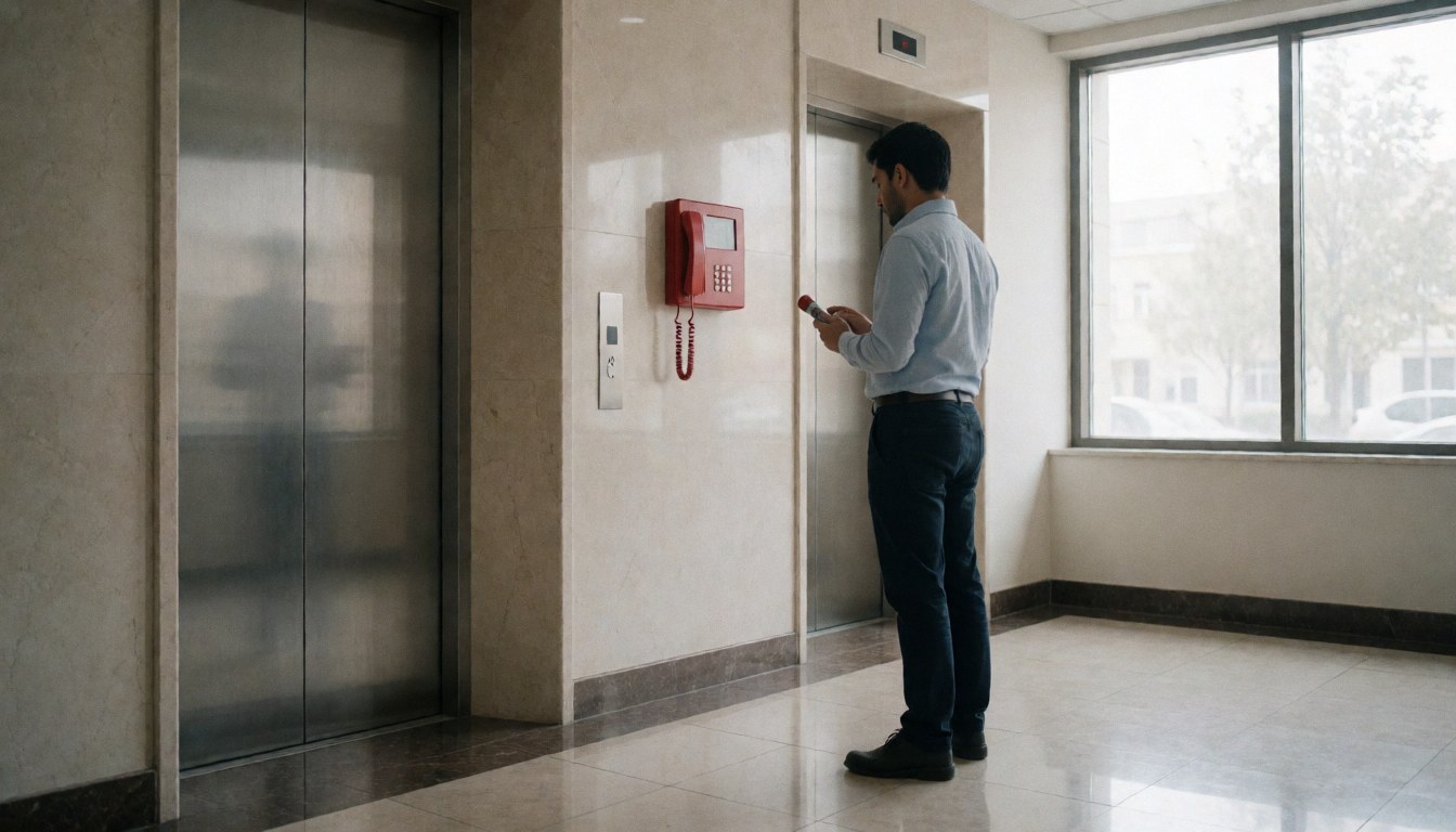 Elevator repair technician checking a red intercom device in an empty lobby with polished floors and large windows.