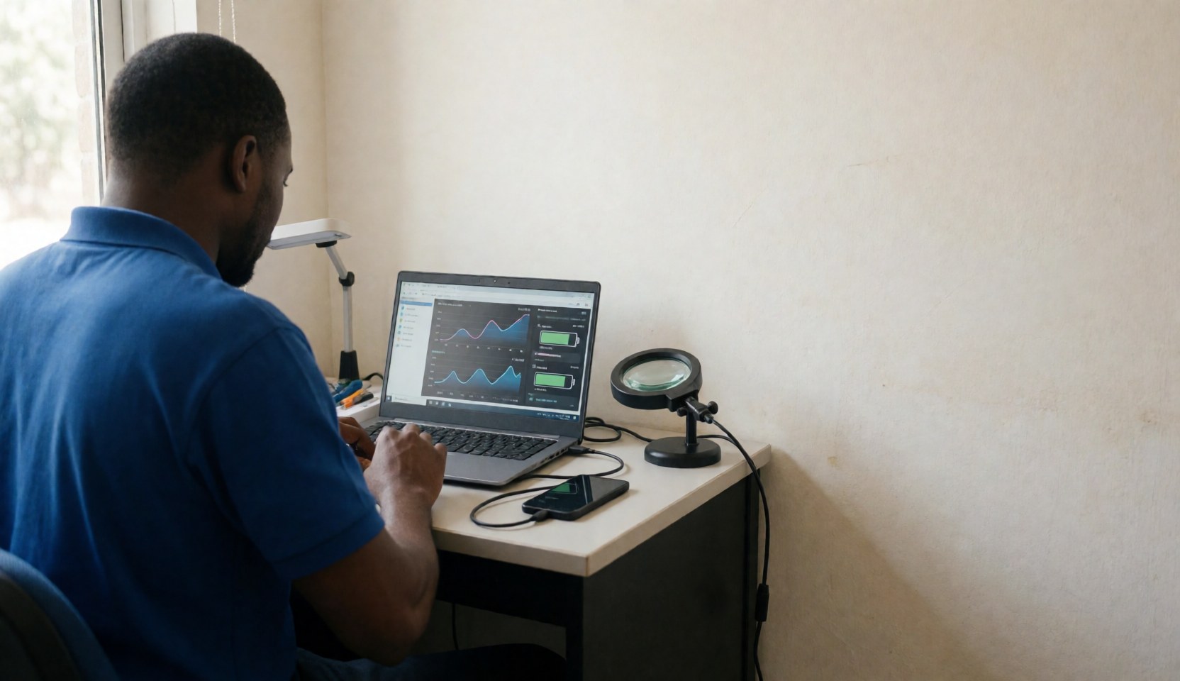 Phone repair technician working at a clean desk with a laptop, connected smartphone, magnifying glass, and tools under natural light.