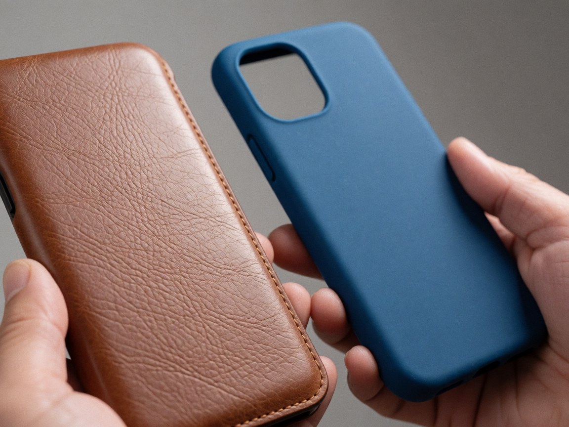 Hands holding a brown leather phone case with visible stitching and a matte blue silicone case, highlighting textures and finishes.