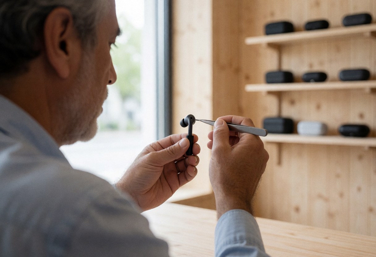 A technician uses tweezers to install a new component in earphones at a workshop with wooden shelves and natural light.