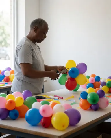 An event decorator working at a table with colorful balloons and scissors, illuminated by natural window light.