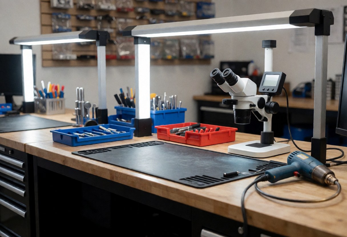 Organized phone repair workbench featuring a digital microscope, heat gun, LED lights, and neatly arranged tools for professional service.