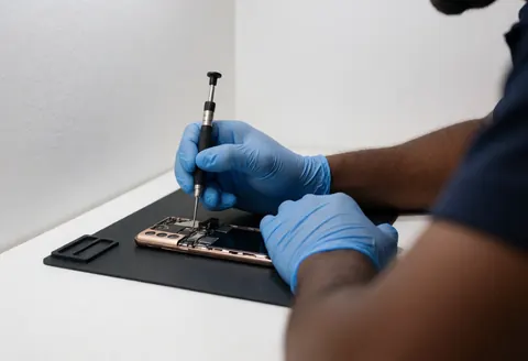 A technician wearing blue gloves uses a screwdriver to repair a cell phone on a white table with tools visible against a white background