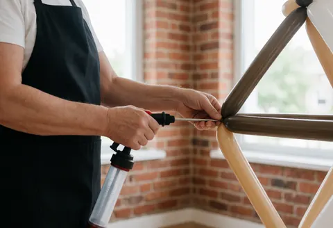 Professional event decorator adjusting a balloon structure with an inflator pump against a brick wall in a real work setting
