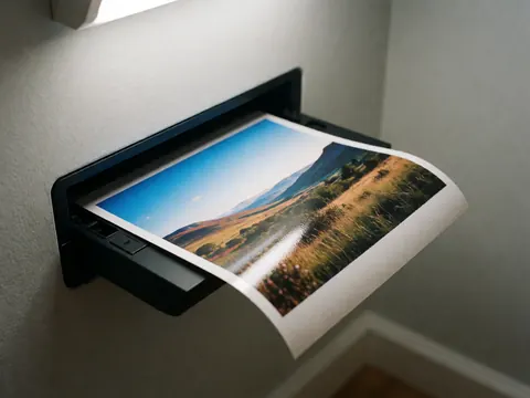 A small copier prints a glossy landscape photo featuring mountains and a river, with paper exiting the output tray against a light gray wall under focused lighting.