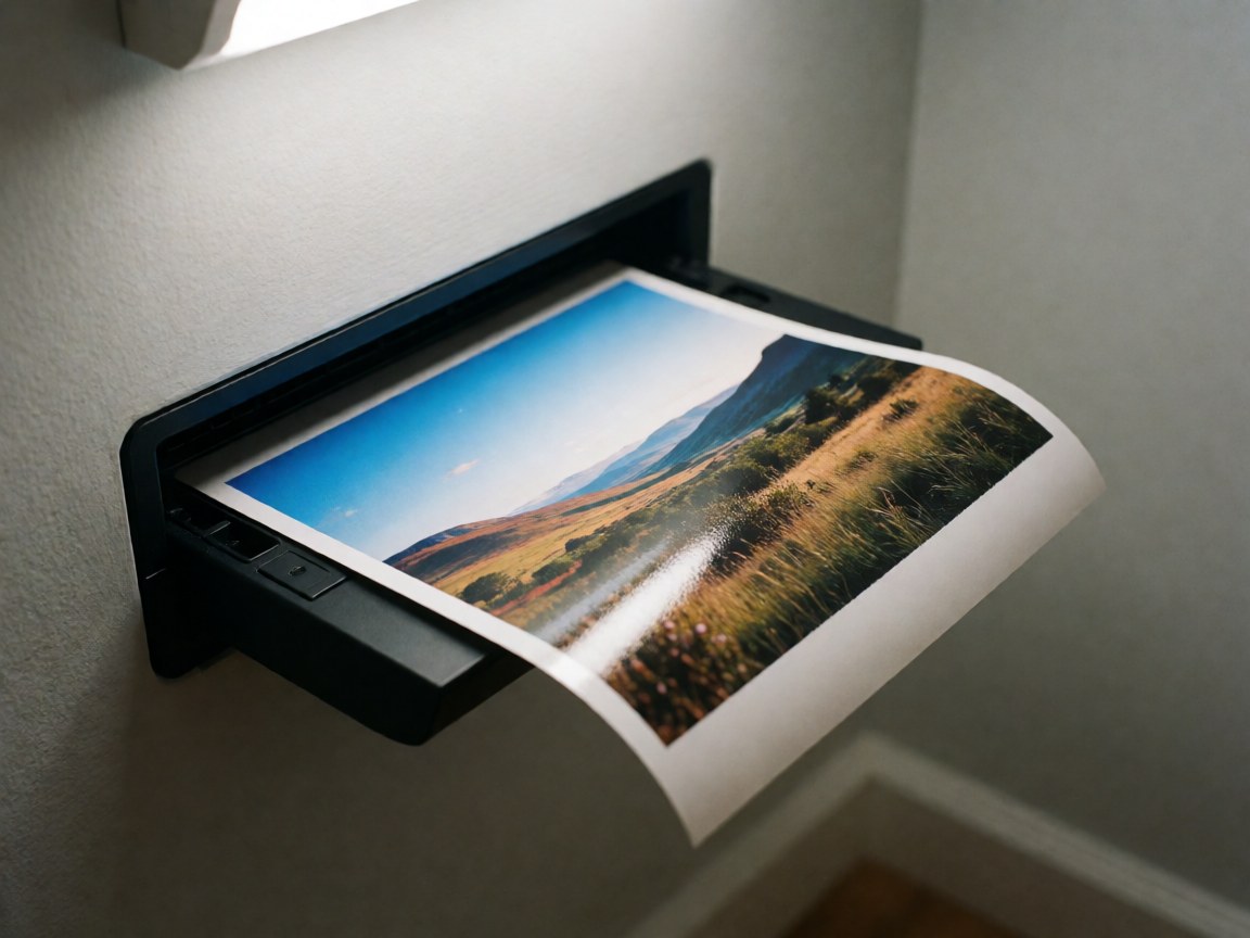 A small copier prints a glossy landscape photo featuring mountains and a river, with paper exiting the output tray against a light gray wall under focused lighting.